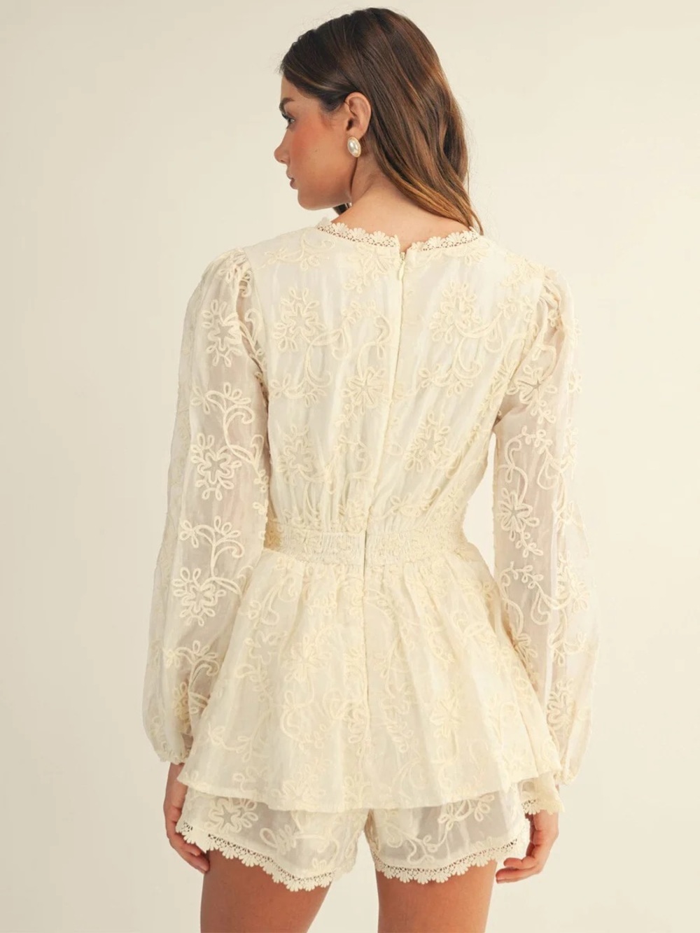 Lace V-Neck Long Sleeve Ivory Romper - Picture 3 of 5